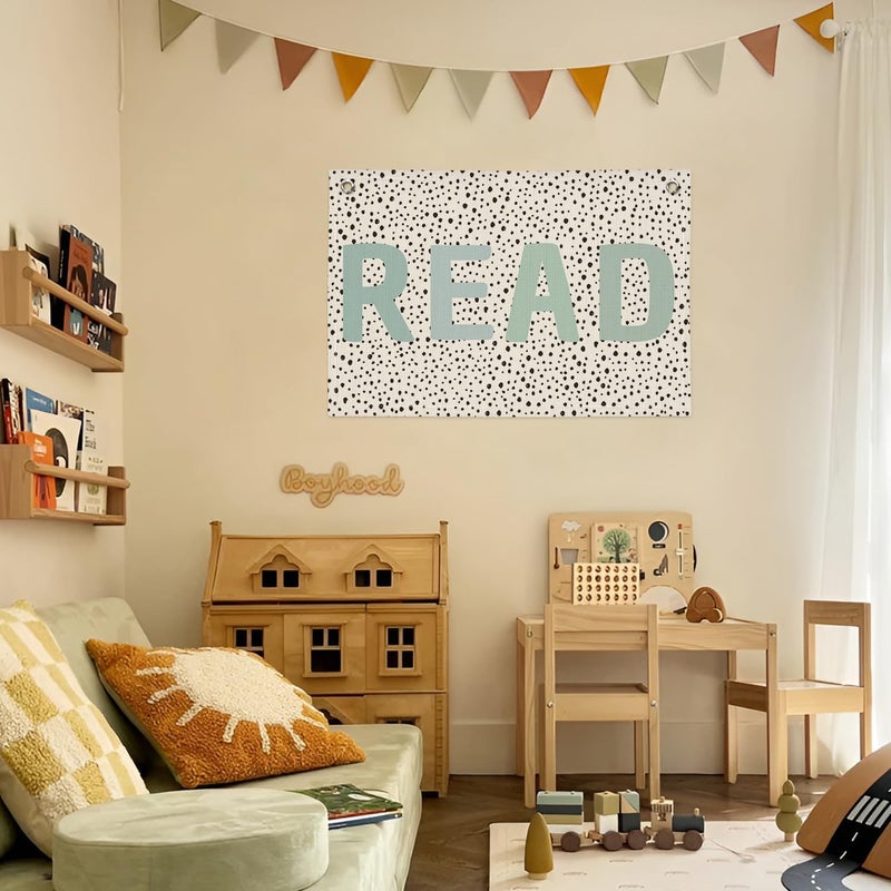 PLKMN Boho Classroom Decor, Neutral Classroom Read Sign Banner, Trendy Black Dots Canvas Wall Hanging Banner Flag Decor for Reading Corner Nook, School Girl Style (Blue) - Image 4